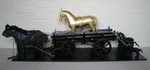 Acryllack, Blattgold, Leiterwagen aus Holz, 7 Pferde aus div. Material, Band auf Sperrholz       37 x 117 